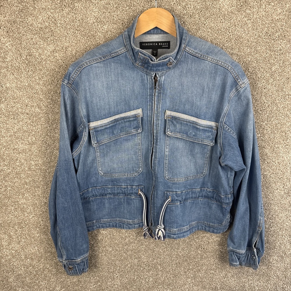 Veronica Beard Denim ROZ Jacket Peplum Drawstring Zip Front Womens Medium